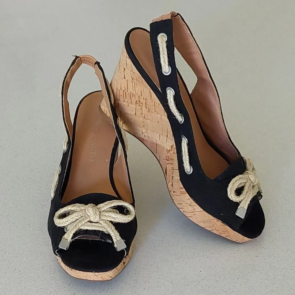 Franco Sarto Black and Cork Rope-Accent Wedge Sandals